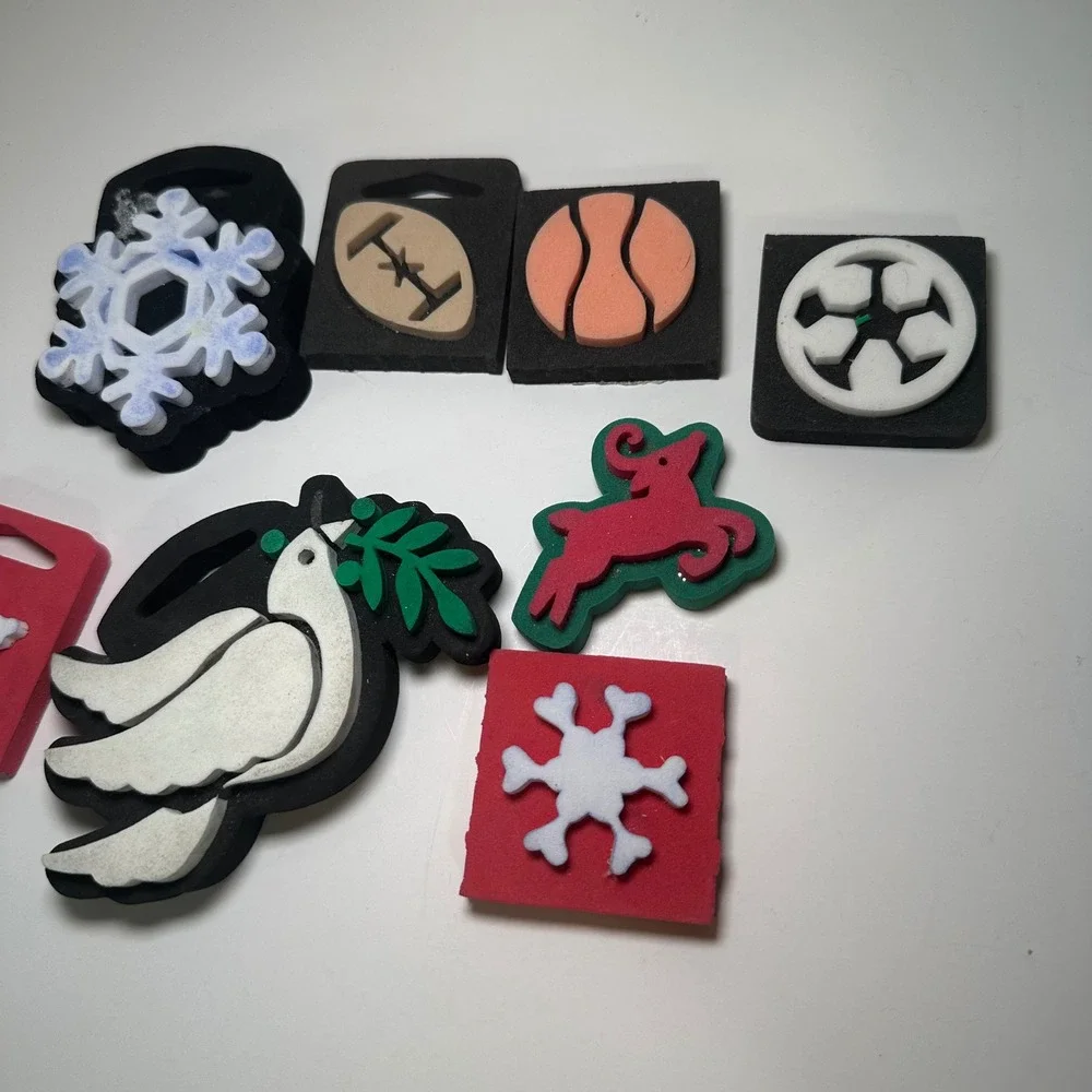 Lot‎ of 8 Foam Rubber Stamps Holiday Snowflakes Reindeer Dove Sports Themes